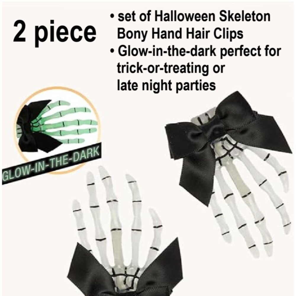 Scunci Glow In The Dark Skeleton Hand Hair Clips Black Bows Halloween Goth New - Picture 4 of 12